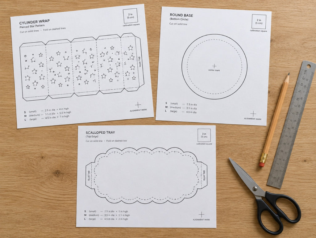 Printed pottery templates with cut lines and calibration square