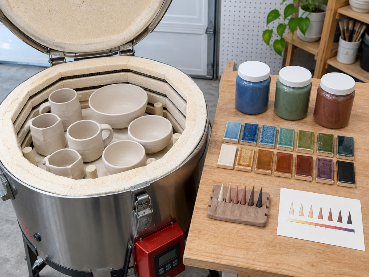 Home kiln with bisque pieces, glaze test tiles and cone chart