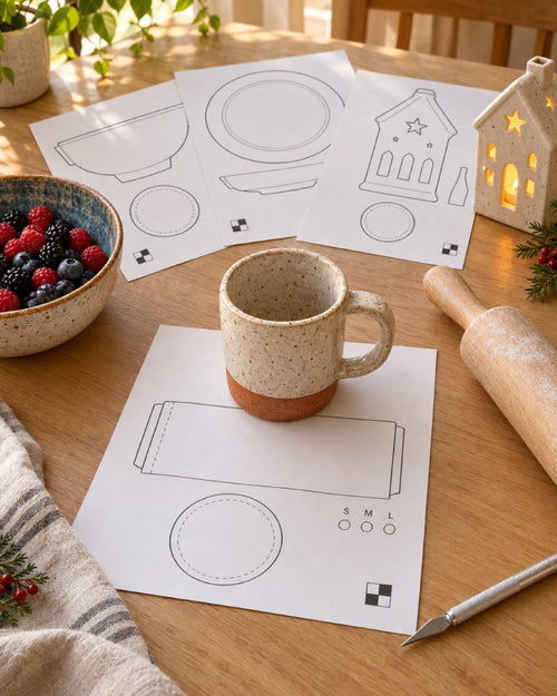 Printed pottery template laid on a clay slab, ready to cut